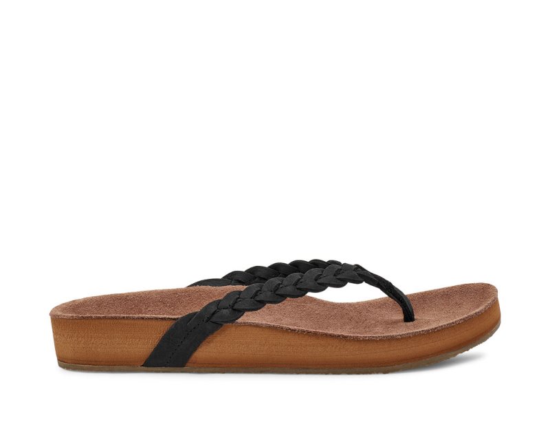 Sanuk Womens She Loungy Braid Leather Black Flip Flops | KNIOEZ329